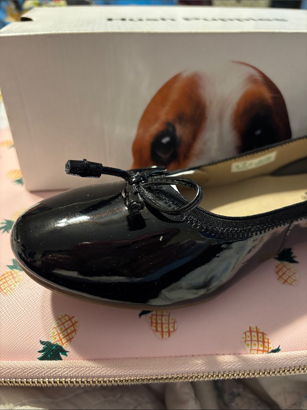 New in box size 6W Womens Black patent leather dress shoes by Hush Puppies!